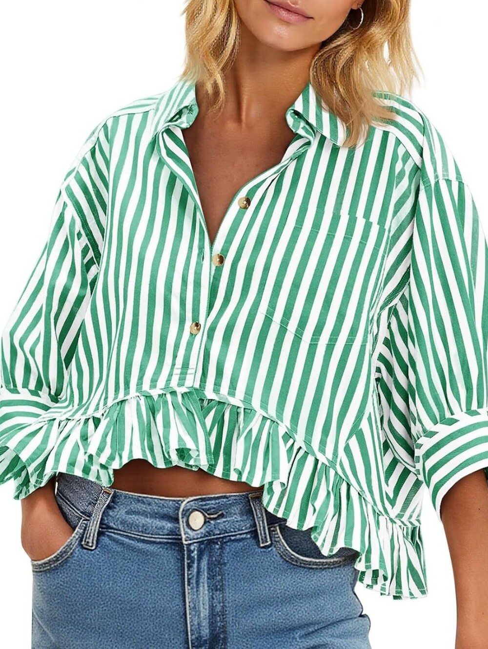Cicy Bell Green & White Striped Ruffle Hem Womens Shirt
